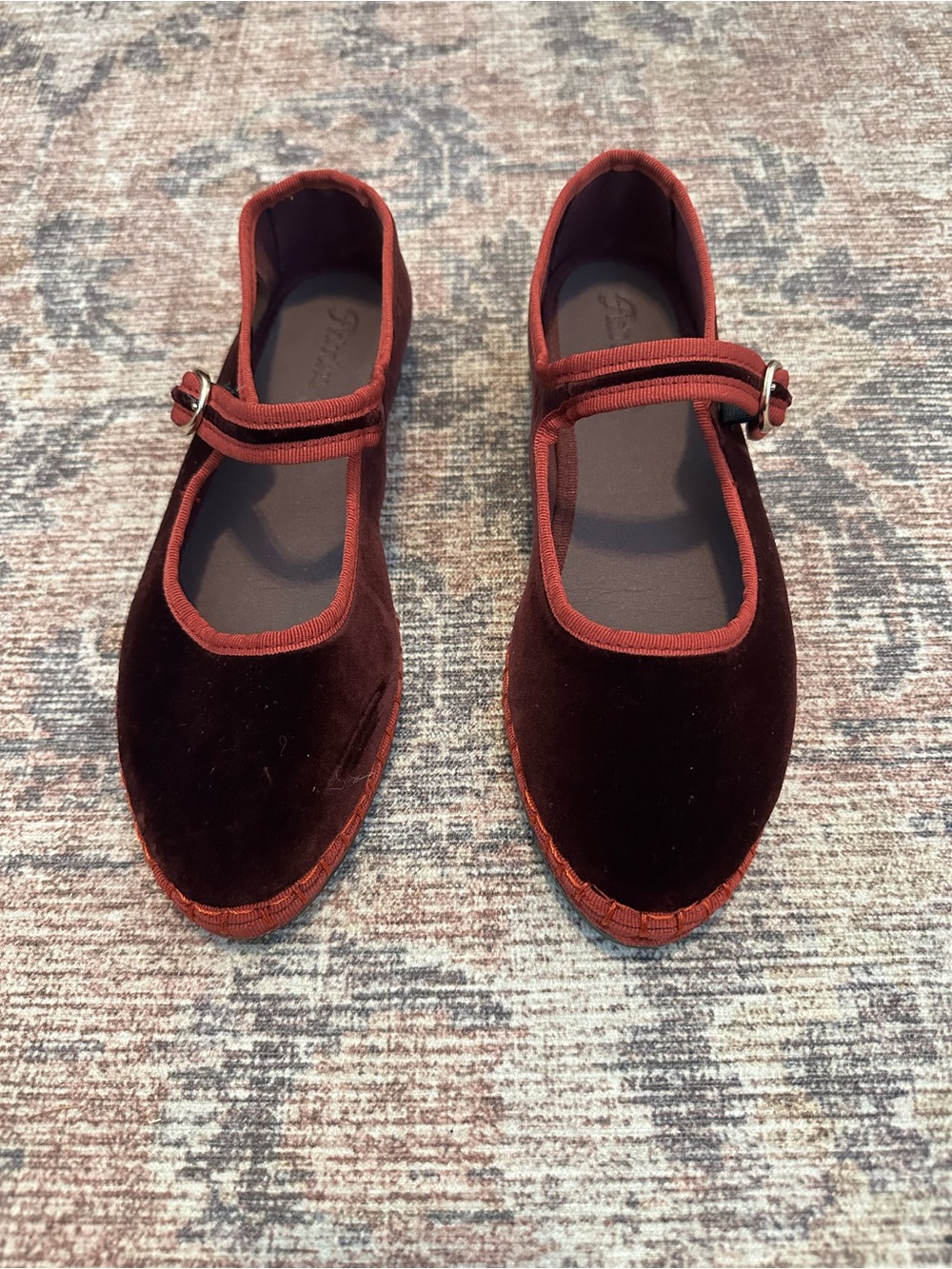 Velvet Mary Jane Flats in Wine Red